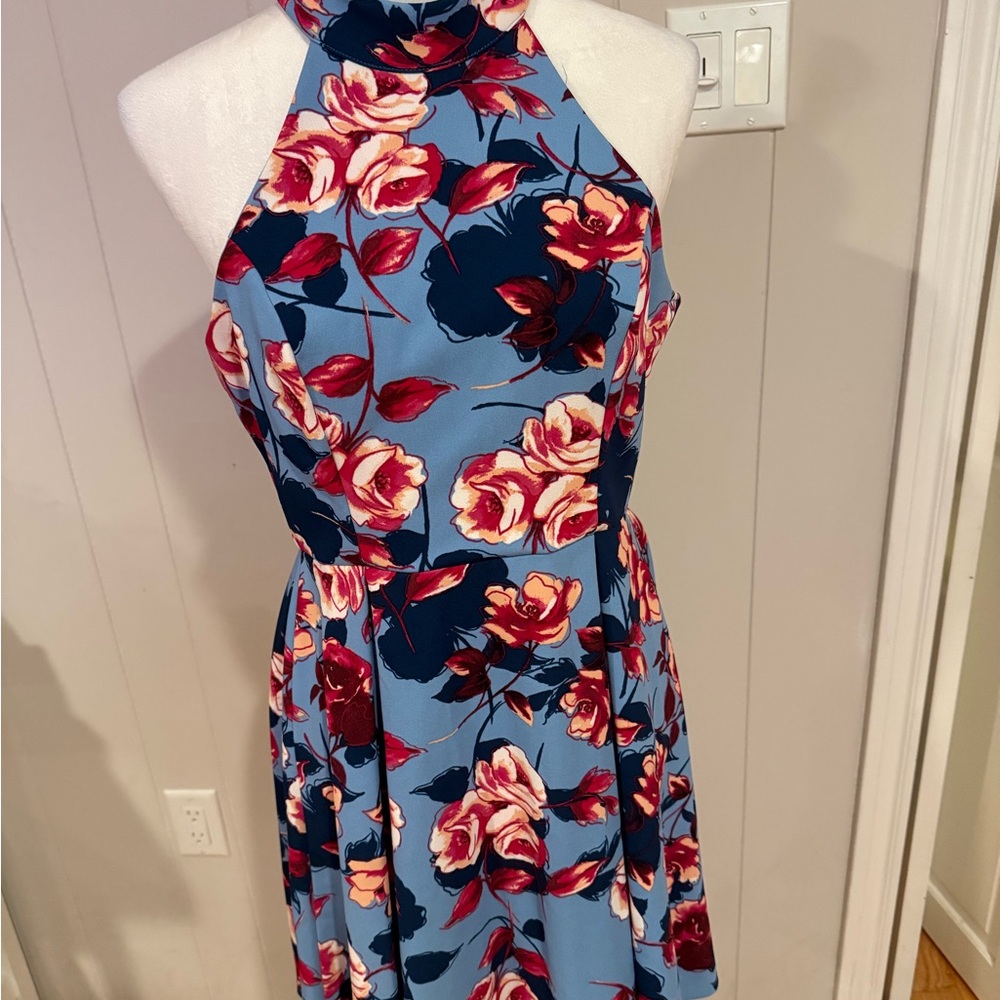 Floral Halter Neck Dress - Blue and Red